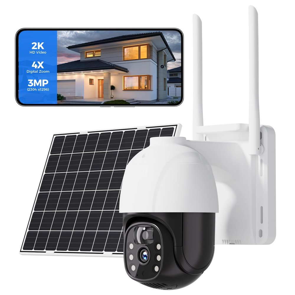Solar Security Cameras Wireless Outdoor - PTZ 360 Solar WiFi Camera with PIR Sensor Motion Dective with Two-Way Intercom for Home, 2K Night Vision, Light and Sound Alarm