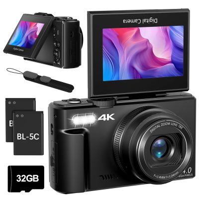 4K Digital Camera for Photography, 4K 64MP Vlogging Camera for YouTube with 3" 180 Flip Screen, Compact WiFi Camera with 18X Digital Zoom, 32GB Micro SD Card & 2 Batteries, Black
