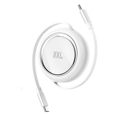 100W Retractable USB C to USB C Cable 3.3ft/100cm, 4-Stage Length Preset, Mini Portable Travel Type C Charger Cable for iPhone 16/15 Series MacBook iPad Samsung Galaxy S24 S21 S10 Note 10 (White)