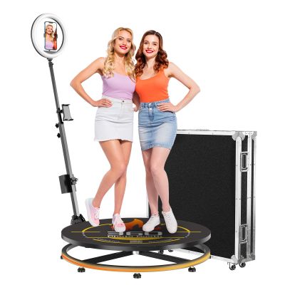 RIXZSIW 360 Photo Booth Machine with Software App Remote Control 360 Auto Slow Rotation Shooting for Events, Weddings and Parties, Standing for 2-4 Person27in-CD+Flight Case
