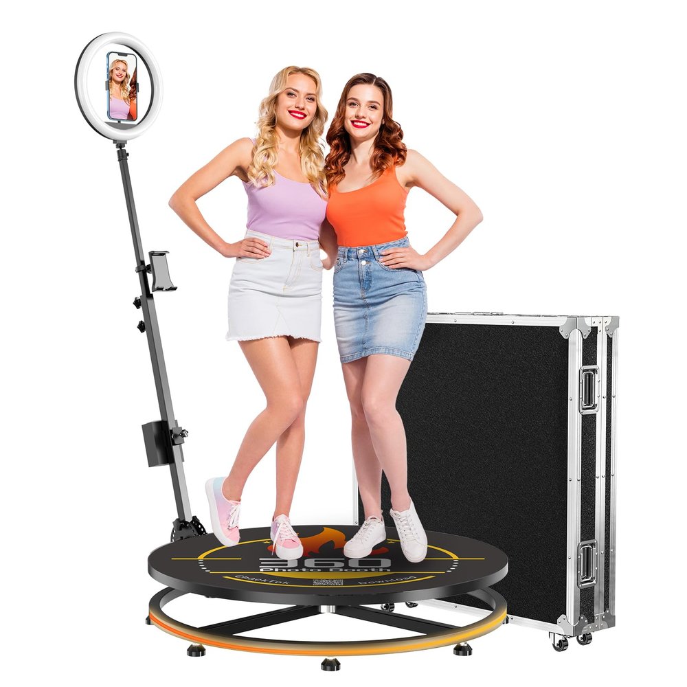 RIXZSIW 360 Photo Booth Machine with Software App Remote Control 360 Auto Slow Rotation Shooting for Events, Weddings and Parties, Standing for 2-4 Person27in-CD+Flight Case