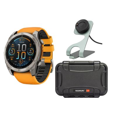 Garmin Fenix 8 Sapphire 47mm GPS Smartwatch (Spark Orange and Graphite) Bundle with Waterproof Hard Case and Portable Charger Stand (3 Items)