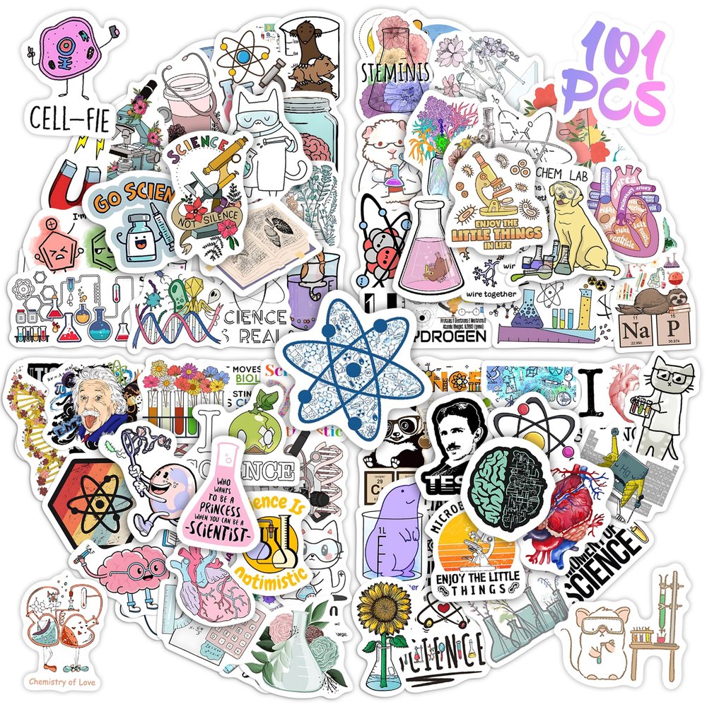 100Pcs Funny Natural Science Lab Stickers for Water Bottle, Physics Chemistry Biology Lab Vinyl Laptop Decals, Adults Teachers Students Waterproof Phone Case Skateboard Luggage Decor