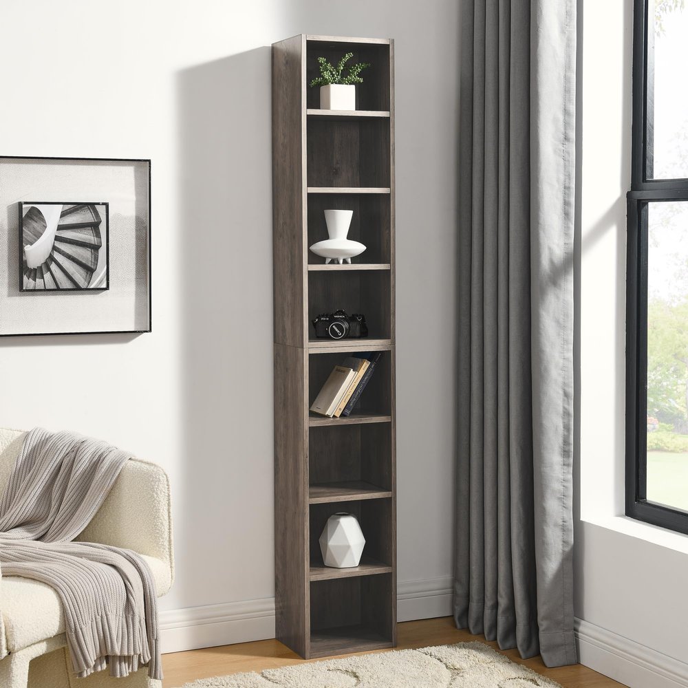 AYJOIR 8-Tier Media Tower Rack, 11.6 X 9.3 X 70.9 Inches CD DVD Slim Storage Cabinet with Adjustable Shelves, Tall Narrow Bookcase Display Bookshelf for Home Office (Grey)
