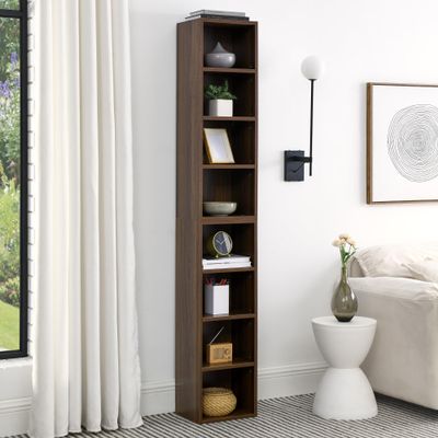 AYJOIR 8-Tier Media Tower Rack, 11.6 X 9.3 X 70.9 Inches CD DVD Slim Storage Cabinet with Adjustable Shelves, Tall Narrow Bookcase Display Bookshelf for Home Office (Walnut)
