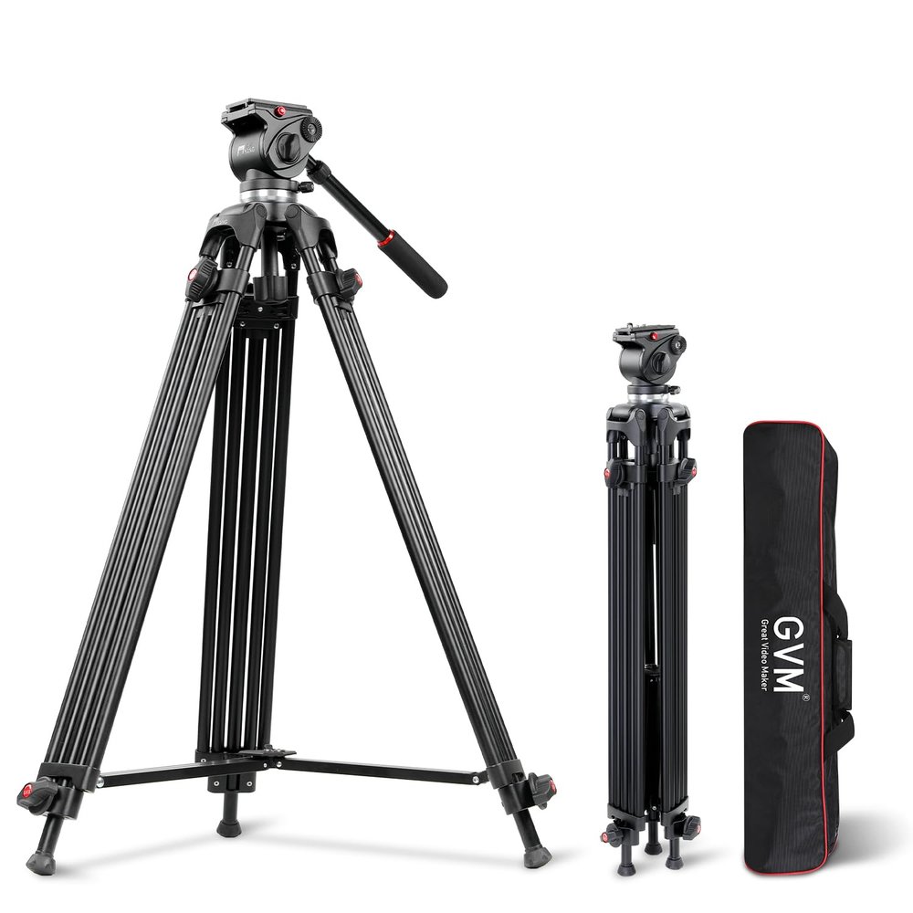 GVM 73" Video Tripod with Fluid Head, Heavy Duty Aluminum Alloy Camera Tripod Stand with Base Fixed Bracket for Camcorders/DSLR, Max Load 22lb, with Carry Bag