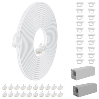 HiFind Telephone Extension Cord 500 Ft, Anti-UV Weatherproof Phone Cable Line Wire with Standard RJ11 Plug for Landline Modem Fax Machine Outdoor with Couplers&Clip Holders&Connectors -Flat-White