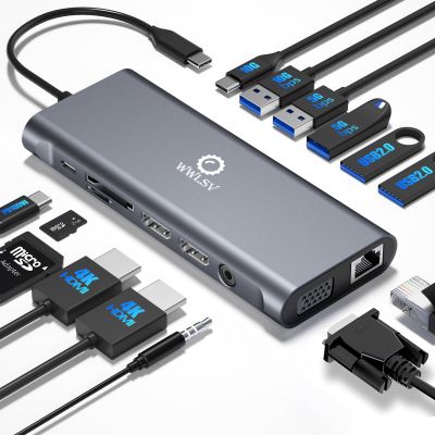 Docking Station 3 Monitors for HP/Dell/Lenovo/MacBook Laptop, Triple Display with Dual 4K HDMI, VGA, 14 in 1 USB C Hub, Computer Docking Station with 10Gbps USB, PD, Ethernet, SD/TF, Audio/Mic