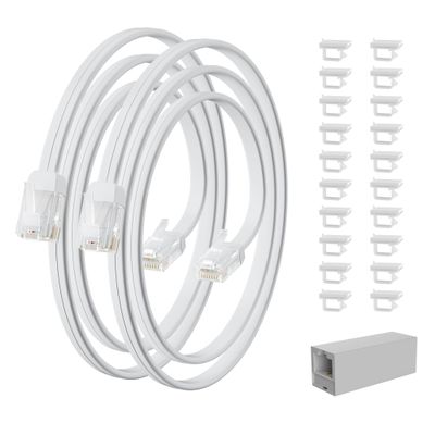 HiFind Telephone Extension Cord 2 Ft/2 Pack, Anti-UV Weatherproof Phone Cable Line Wire with Standard RJ11 Plug for Landline Modem Fax Machine Outdoor with 1 in-Line Coupler&Clip Holders -Flat-White