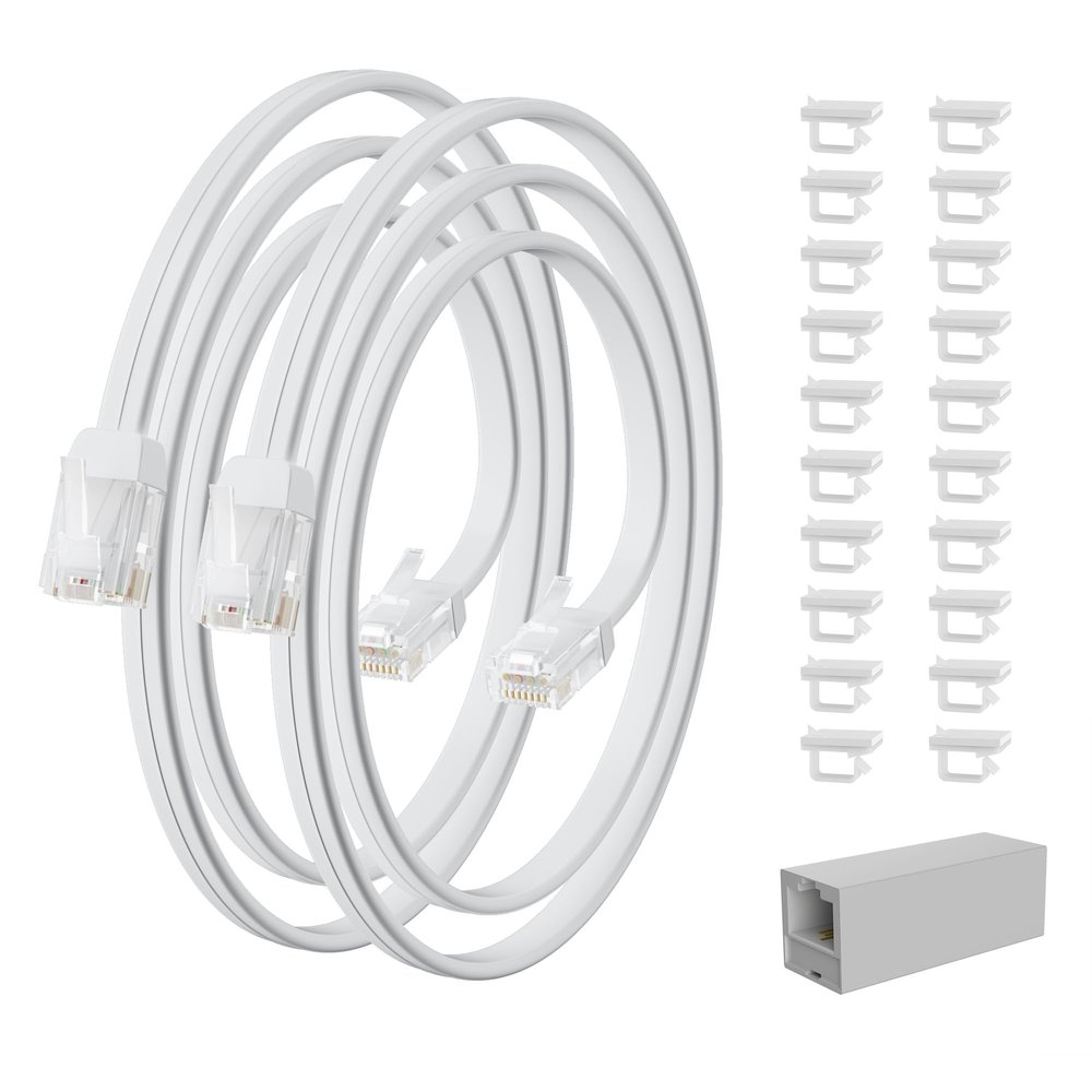 HiFind Telephone Extension Cord 2 Ft/2 Pack, Anti-UV Weatherproof Phone Cable Line Wire with Standard RJ11 Plug for Landline Modem Fax Machine Outdoor with 1 in-Line Coupler&Clip Holders -Flat-White