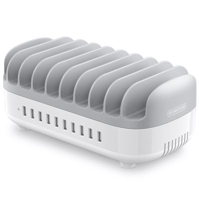 10 Ports Charging Station for Multiple Devices, 120W iPad Charging Station Organizer, USB Charging Docking with Cooling Fan, for iPhone, for iPad, Tablet, Kindle, ETL Listed (White)