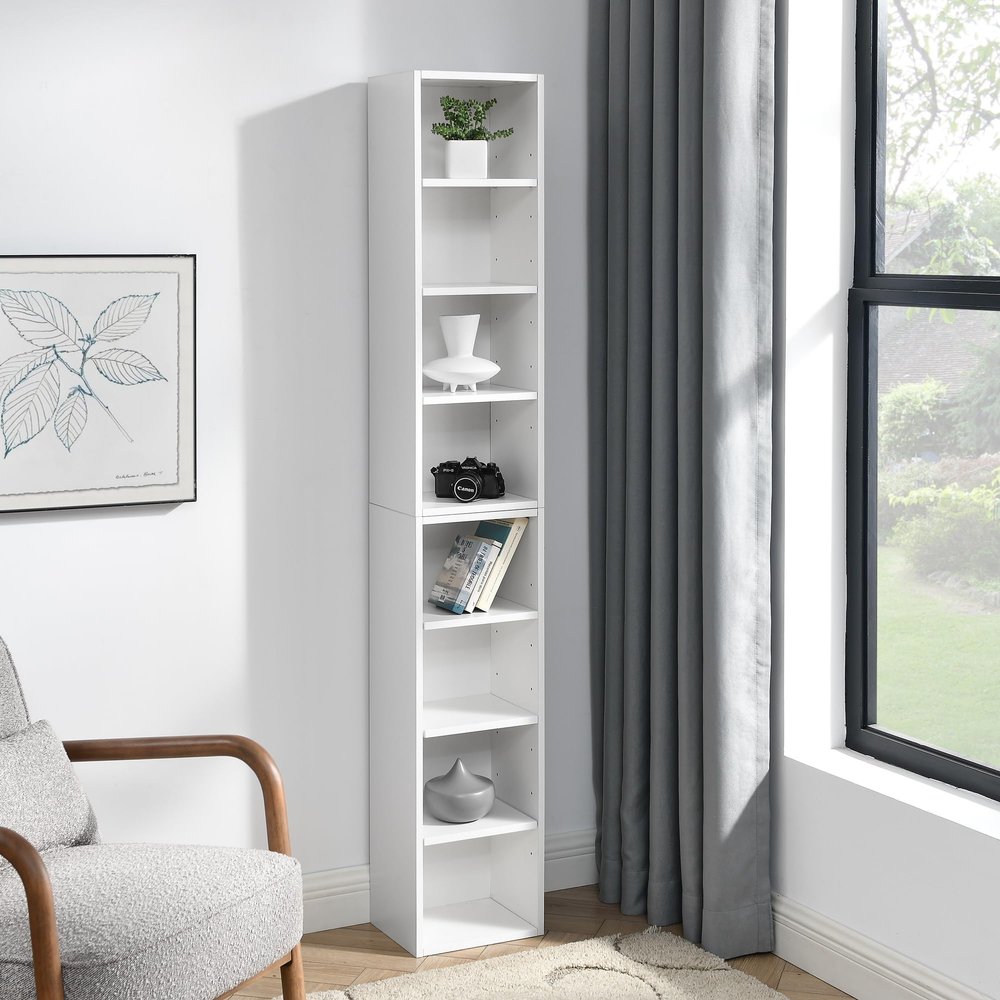 AYJOIR 8-Tier Media Tower Rack, 11.6 X 9.3 X 70.9 Inches CD DVD Slim Storage Cabinet with Adjustable Shelves, Tall Narrow Bookcase Display Bookshelf for Home Office (White)