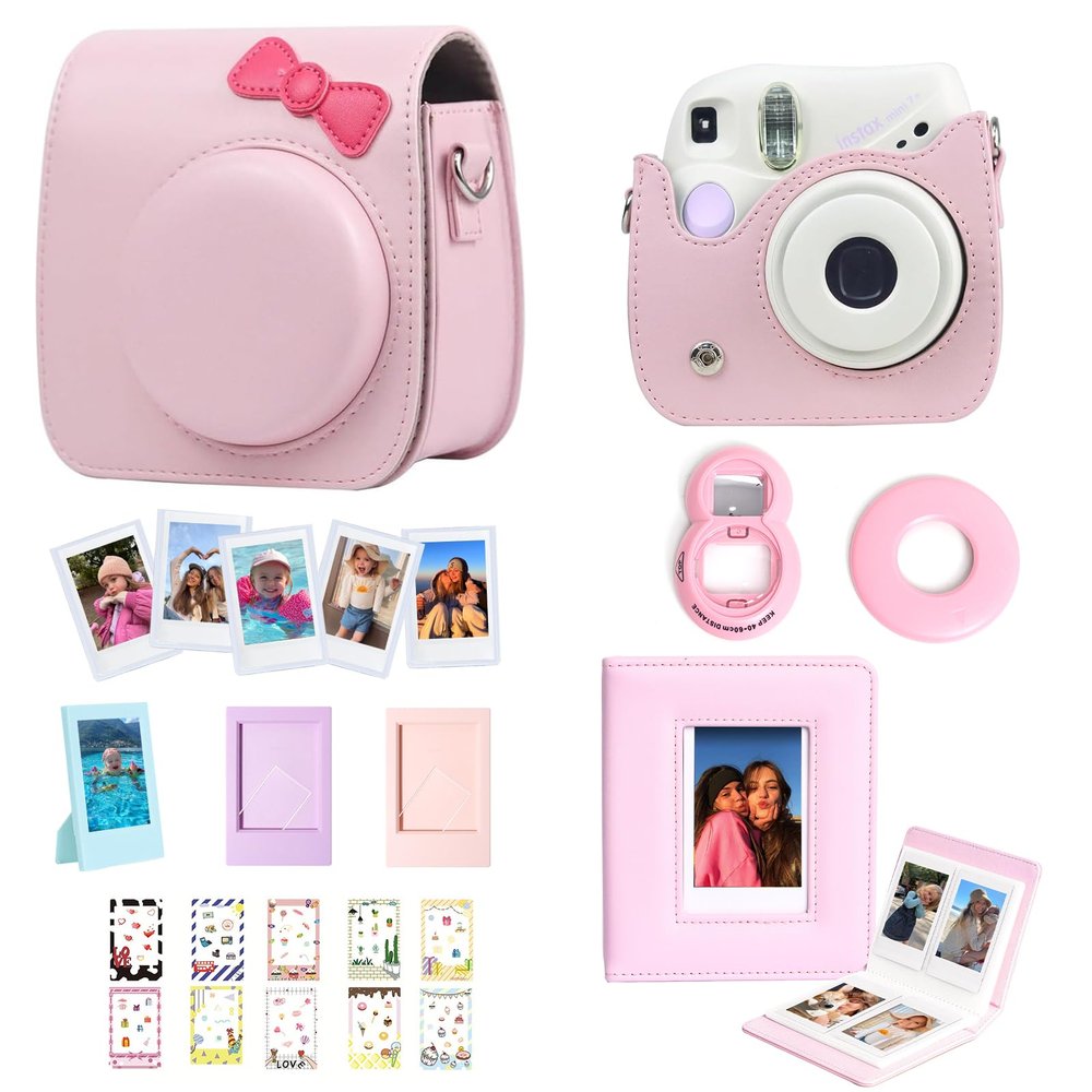 CAIYOULE Accessories for Fujifilm Instax Mini SE/7+/7c/7s Instant Camera Case Mini Film Album Photo Frames DIY Stickers Selfie Mirror Assist Circle Bundle Include PU Leather Bag-Pink Bow (No Camera)