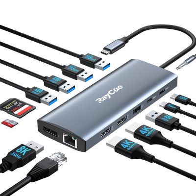 14 in 1 Triple 4K Display USB C Docking Station, Single DisplayPort Up to 8K@30Hz/ 4K@144Hz/ 4k@120Hz, USB C Hub Multiport Adapter Dongle with 2 HDMI, 7 USB Ports, 100W PD, Ethernet, Audio