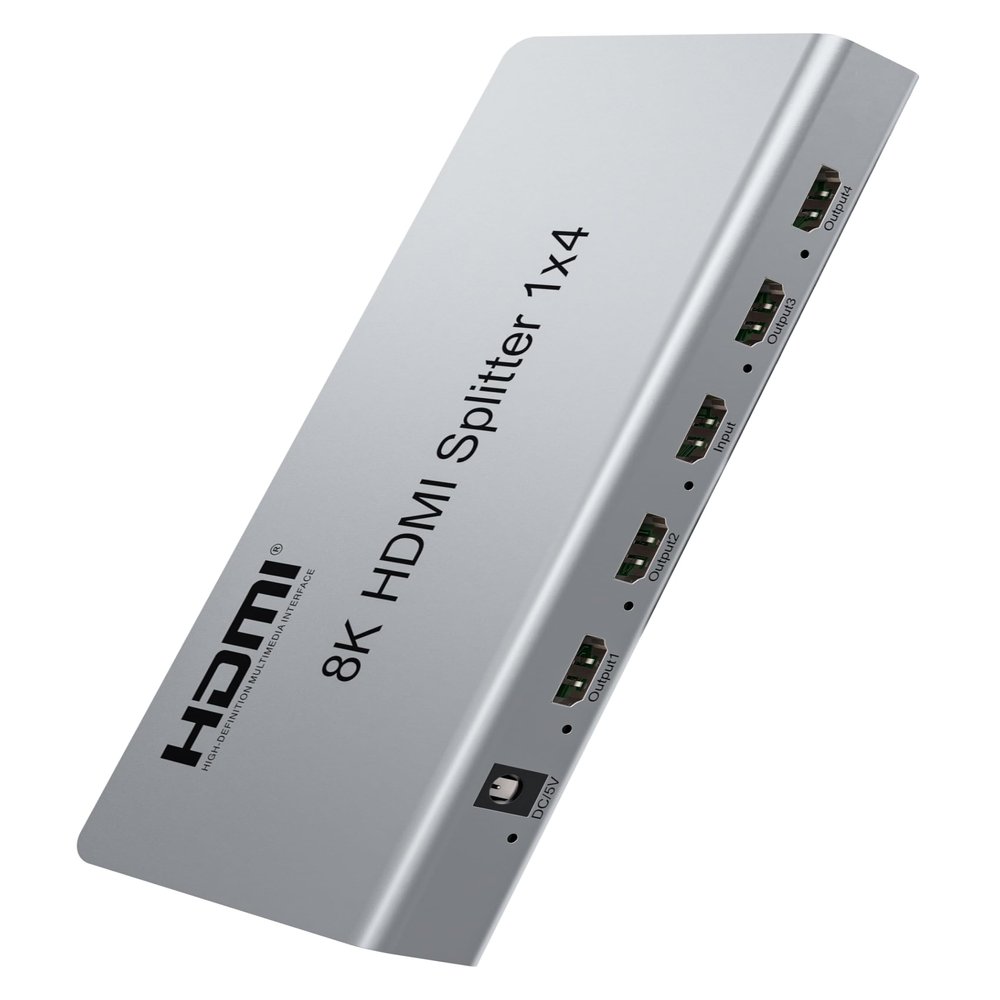 PremiumCord HDMI Splitter 1-4 Video 8K 4320p 60Hz 4K 2160p 120Hz Full HD 1080p HDMI 2.1 40Gbps HDR10 Dolby TrueHD CEC Small Metal Case Silver