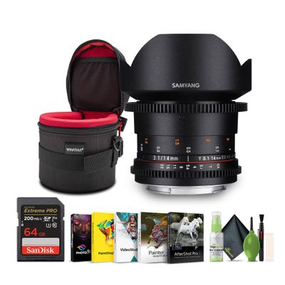 Samyang 14mm T3.1 VDSLRII Cine Wide Angle Lens for Sony Alpha Mount Bundle with Cleaning kit + Corel Photo, Video, & Art Suite Deluxe + 4.5 inch Lens Case + Extreme PRO 64GB Memory Card
