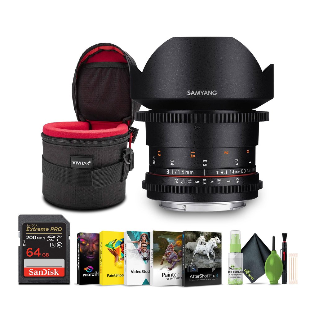 Samyang 14mm T3.1 VDSLRII Cine Wide Angle Lens for Sony Alpha Mount Bundle with Cleaning kit + Corel Photo, Video, & Art Suite Deluxe + 4.5 inch Lens Case + Extreme PRO 64GB Memory Card