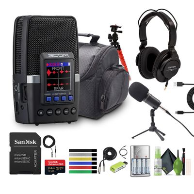 Zoom H2essential Multi-Mic 32-Bit Float Handy Recorder Bundle ZDM-1 Podcast Mic Pack + Memory Card microSDXC Extreme Pro 64GB + USB Card Reader, SD/microSD + More