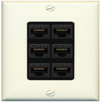 RiteAV 1 Gang Decorative 6 Port Cat5e Ethernet Wall Plate - 1 Gang [Light-Almond/Black]