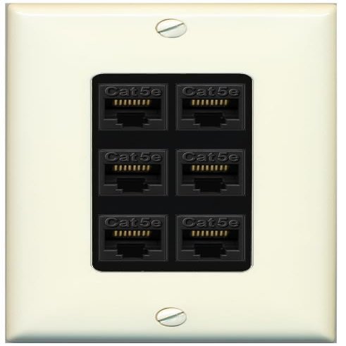 RiteAV 1 Gang Decorative 6 Port Cat5e Ethernet Wall Plate - 1 Gang [Light-Almond/Black]