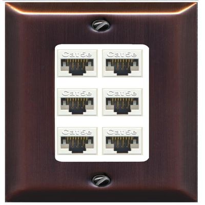RiteAV 1 Gang Decorative 6 Port Cat5e Ethernet Wall Plate - 1 Gang [Brushed-Copper/White]