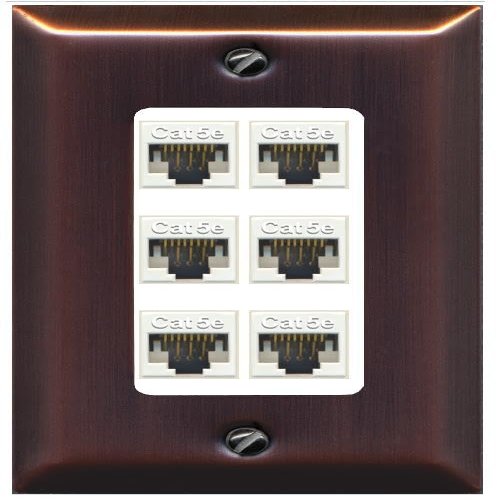 RiteAV 1 Gang Decorative 6 Port Cat5e Ethernet Wall Plate - 1 Gang [Brushed-Copper/White]