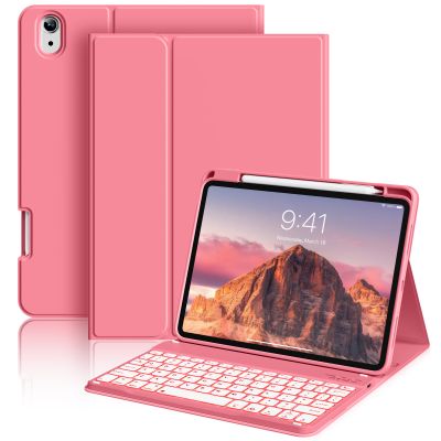 aoub Keyboard Case for iPad 11th (A16) / 10th Generation 11/10.9 Inch 2025/2022 with Pencil Holder - 7 Colors Backlit, Wireless Detachable Folio Keyboard Soft TPU Back Cover - Pink
