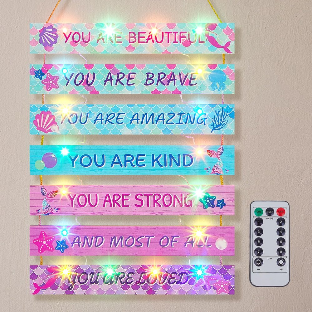 FIOBEE Girls Room Dcor for Teen Girls Boys with LED Light Wall Decor for Bedroom Motivational Inspirational Wall Art Room Decoration for Kids Studyroom, 8 Kinds of Lights, Pink Green Mermaid