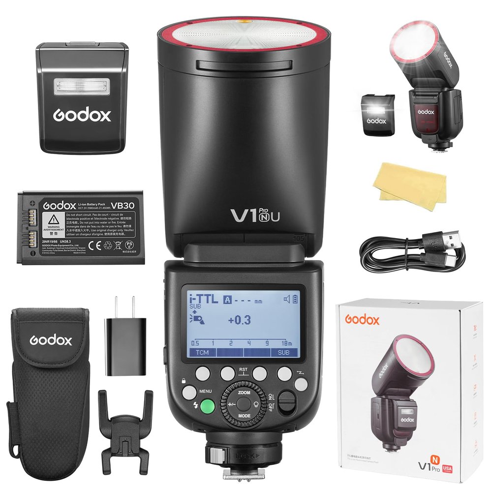 Godox V1 PRO N Flash for Nikon, Godox V1 PRO-N TTL Flash 2980mAh 76W 1/8000s HSS 1.3s Recycle Time 2.4G Wireless HSS 500 Full Power Flashes