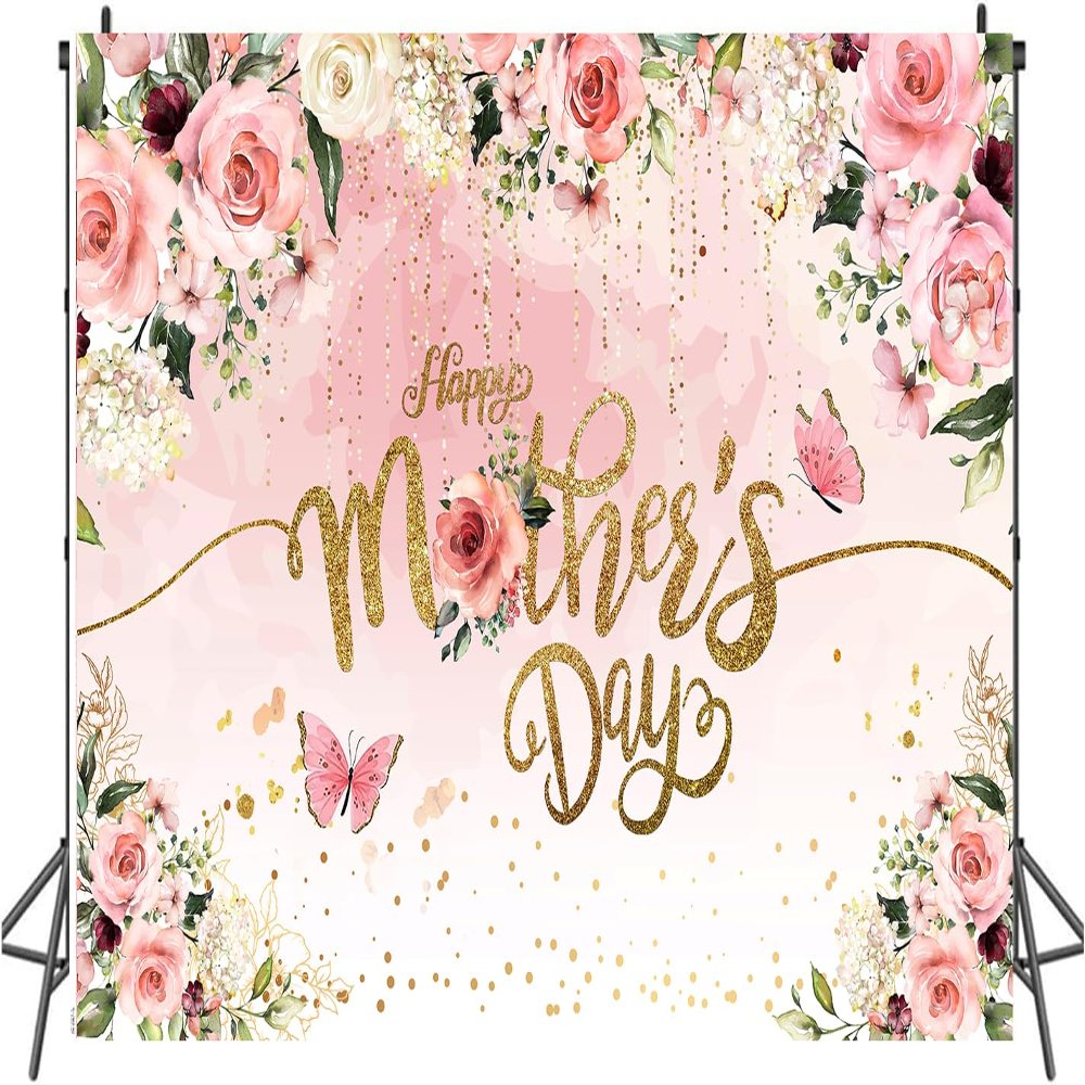 10x8ft Happy Mother's Day Backdrop Floral Golden Dots Mothers Day Birthday Photography Background for Women Thanks Mother's Day Photo Booth Props 062