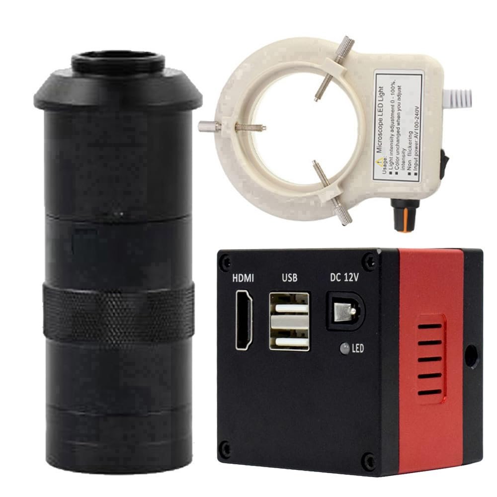 1080P FHD Digital Microscope HDMI Electronic Industrial Microscope Camera & 100X C-Mount Lens With 56-LED Adjustable Ring Light
