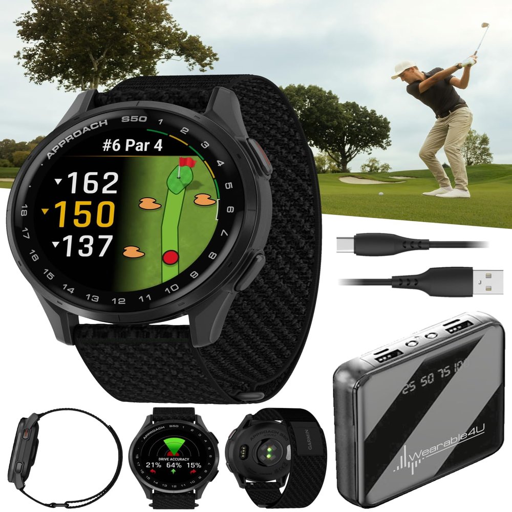 Garmin Approach S50 Golf GPS Smartwatch Slate Aluminum Bezel with Black ComfortFit Nylon Band with Wearable4U Power Bank Bundle