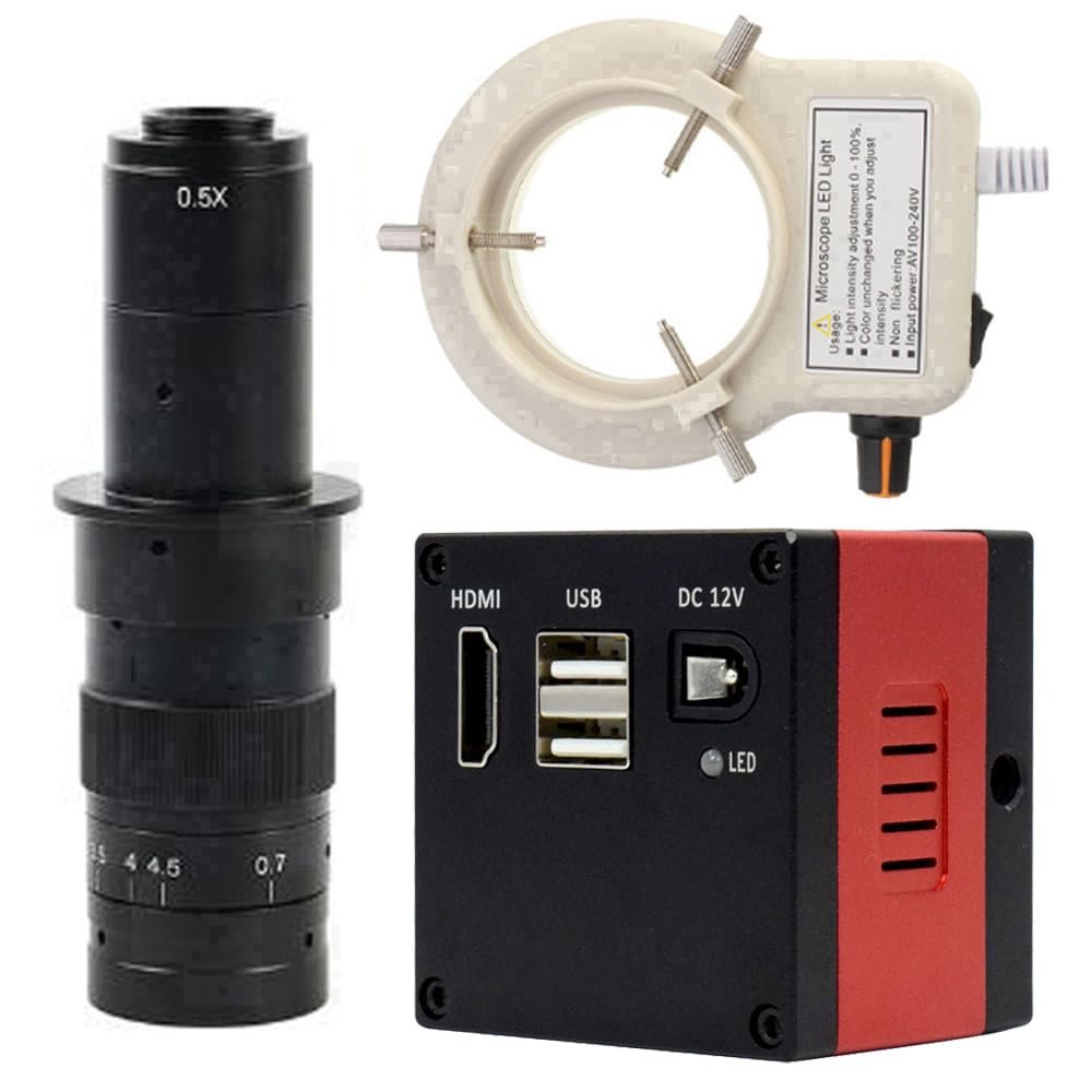 1080P FHD Digital Microscope HDMI Electronic Industrial Microscope Camera & 180X C-Mount Lens With 56-LED Adjustable Ring Light