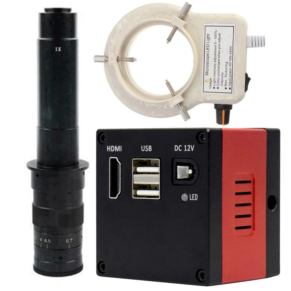 1080P FHD Digital Microscope HDMI Electronic Industrial Microscope Camera & 300X C-Mount Lens With 56-LED Adjustable Ring Light