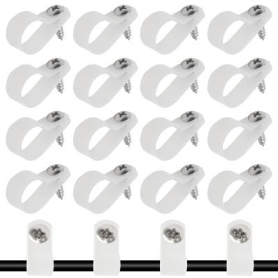 50 Pcs 5/8 Inch White Nylon Screw Mounting R-type Cable Clip Wire Clamp, 16mm Cable Clip Wire Clamp for Wire Management, Stainless Steel Screws Included