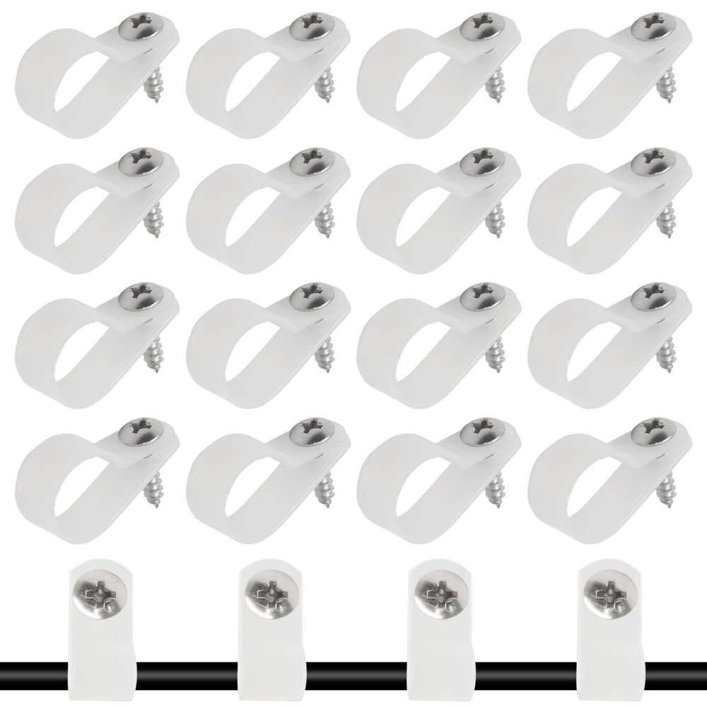 50 Pcs 5/8 Inch White Nylon Screw Mounting R-type Cable Clip Wire Clamp, 16mm Cable Clip Wire Clamp for Wire Management, Stainless Steel Screws Included