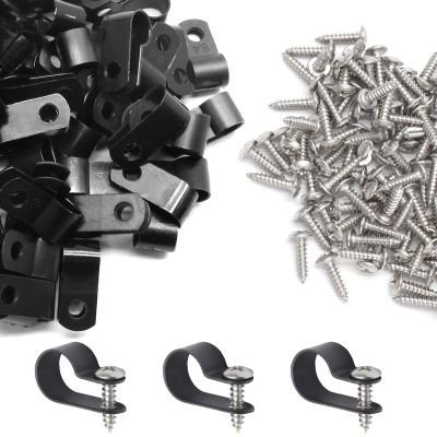 50 Pcs 1/2 Inch Black Nylon Screw Mounting R-type Cable Clip Wire Clamp, 13.2mm Cable Clip Wire Clamp for Wire Management, Stainless Steel Screws Included