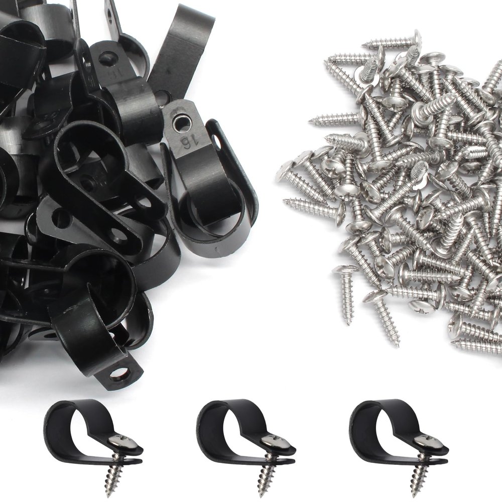 50 Pcs 5/8 Inch Black Nylon Screw Mounting R-type Cable Clip Wire Clamp, 16mm Cable Clip Wire Clamp for Wire Management, Stainless Steel Screws Included