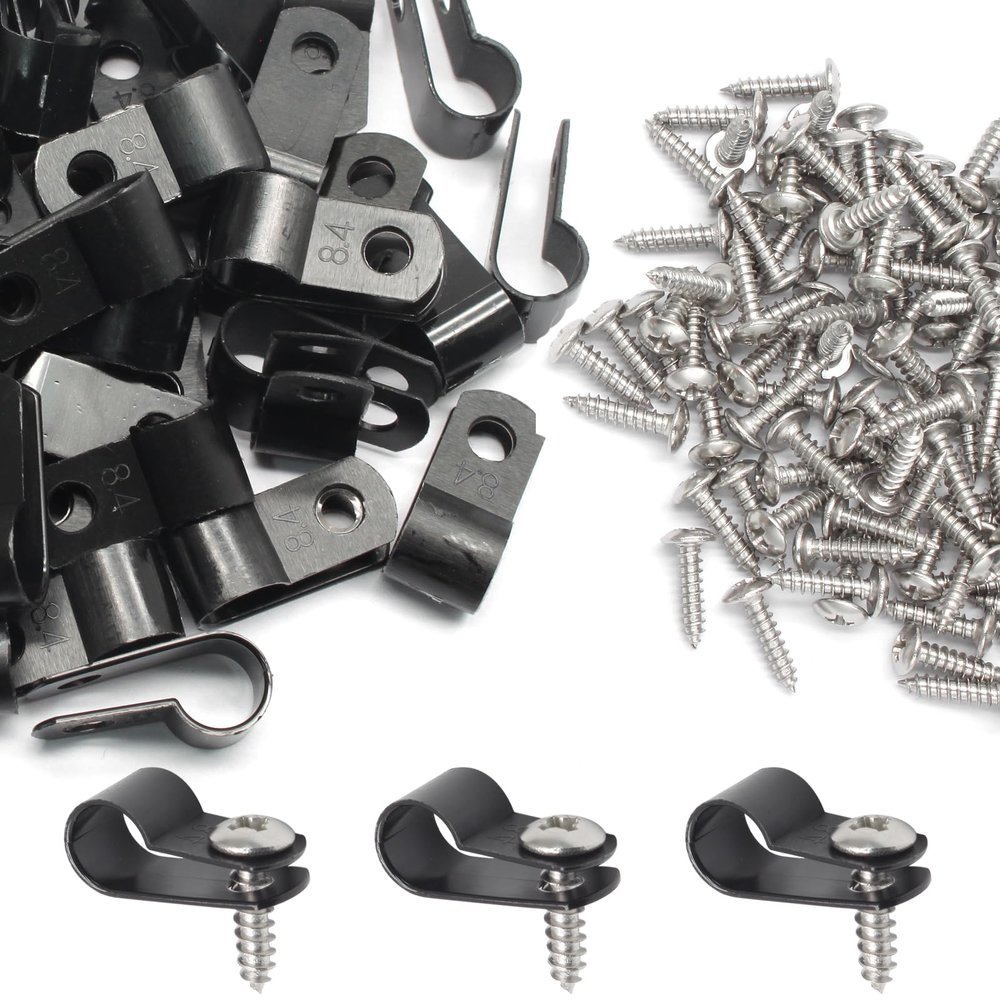 50 Pcs 1/3 Inch Black Nylon Screw Mounting R-type Cable Clip Wire Clamp, 8.4mm Cable Clip Wire Clamp for Wire Management, Stainless Steel Screws Included