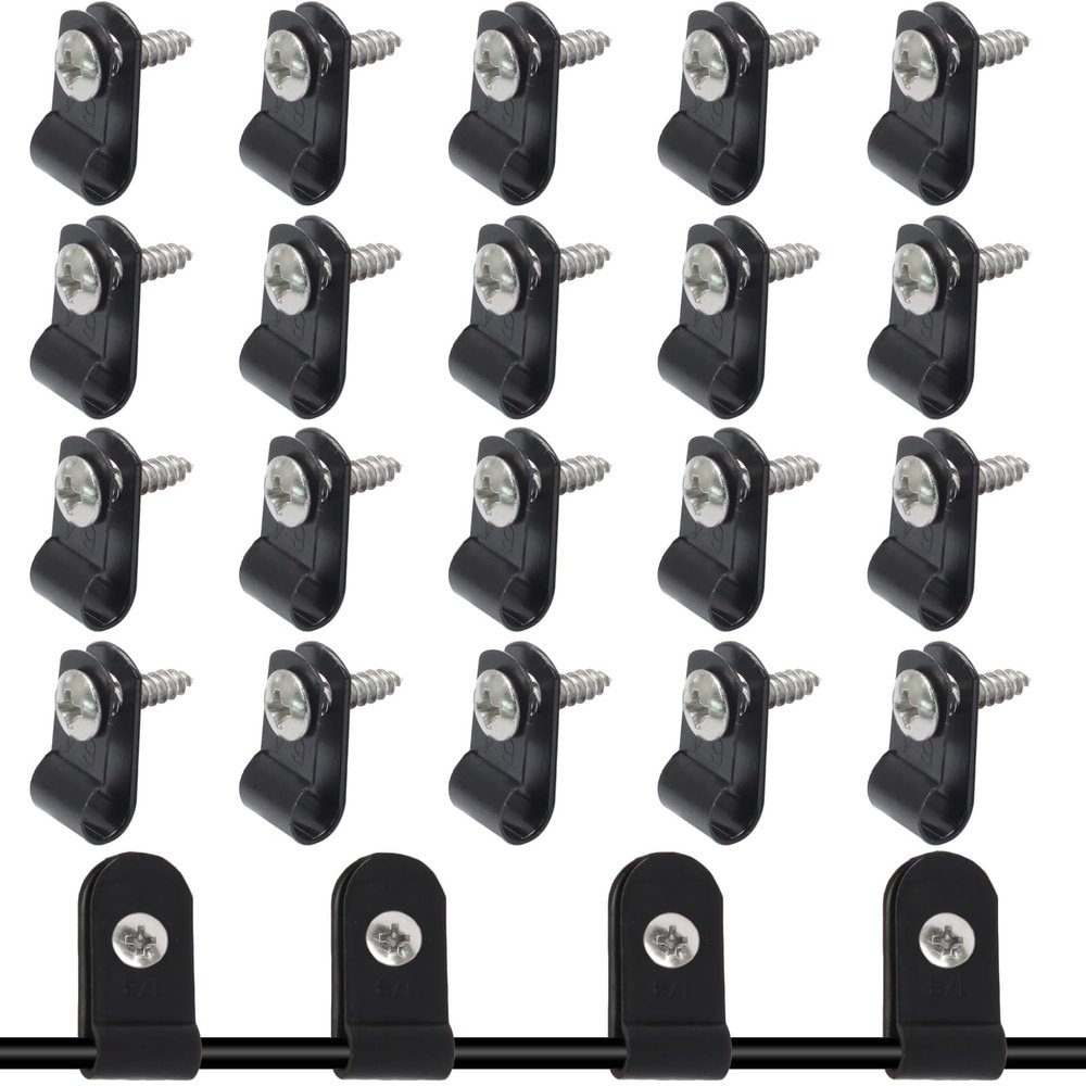 100 Pcs 1/8 Inch Black Nylon Screw Mounting R-type Cable Clip Wire Clamp, 3.3mm Cable Clip Wire Clamp for Wire Management, Stainless Steel Screws Included