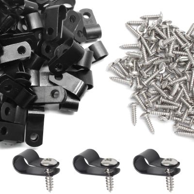 100 Pcs 1/3 Inch Black Nylon Screw Mounting R-type Cable Clip Wire Clamp, 8.4mm Cable Clip Wire Clamp for Wire Management, Stainless Steel Screws Included