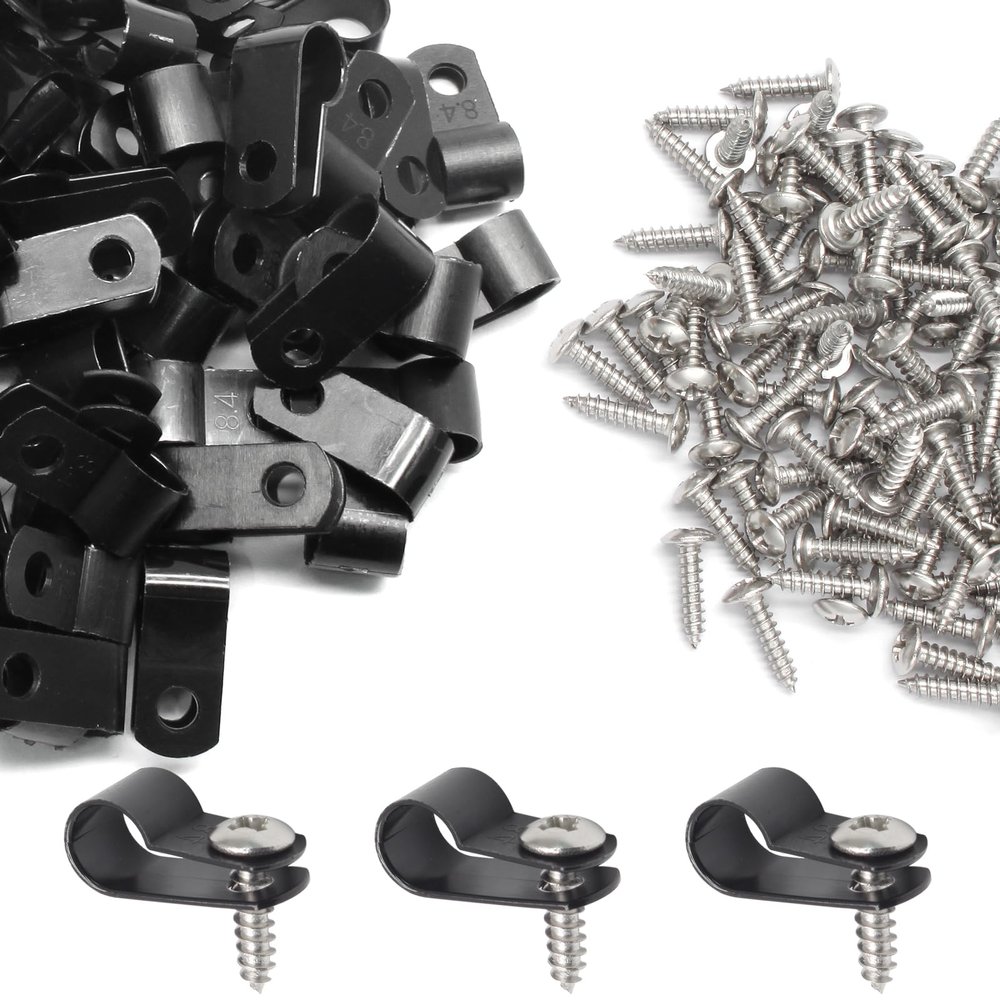 100 Pcs 1/3 Inch Black Nylon Screw Mounting R-type Cable Clip Wire Clamp, 8.4mm Cable Clip Wire Clamp for Wire Management, Stainless Steel Screws Included