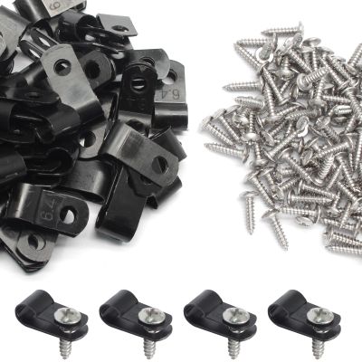 50 Pcs 1/4 Inch Black Nylon Screw Mounting R-type Cable Clip Wire Clamp, 6.4mm Cable Clip Wire Clamp for Wire Management, Stainless Steel Screws Included