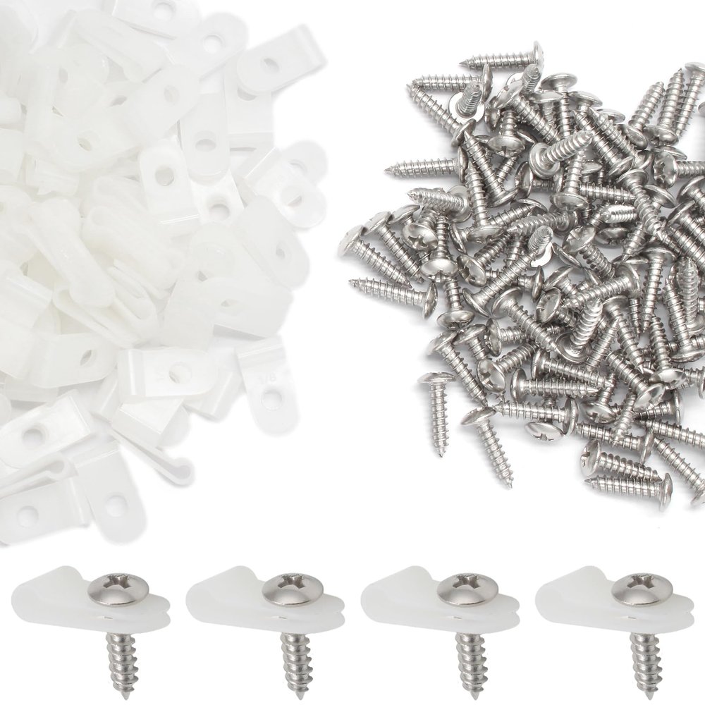 100 Pcs 1/8 Inch White Nylon Screw Mounting R-Type Cable Clip Wire Clamp, 3.3mm Cable Clip Wire Clamp for Wire Management, Stainless Steel Screws Included
