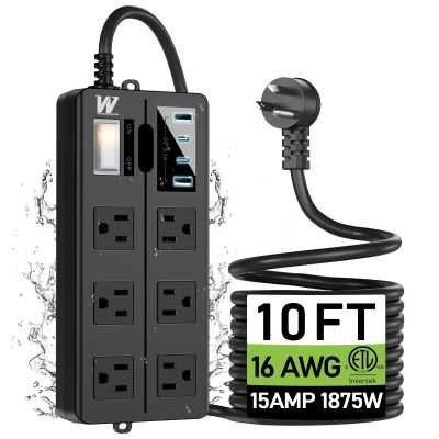 10FT Outdoor Waterproof Power Strip Surge Protector with 6AC Outlets 4USB Ports Power Switch Safety Lock, ETL Certified for Patio Garden Charging