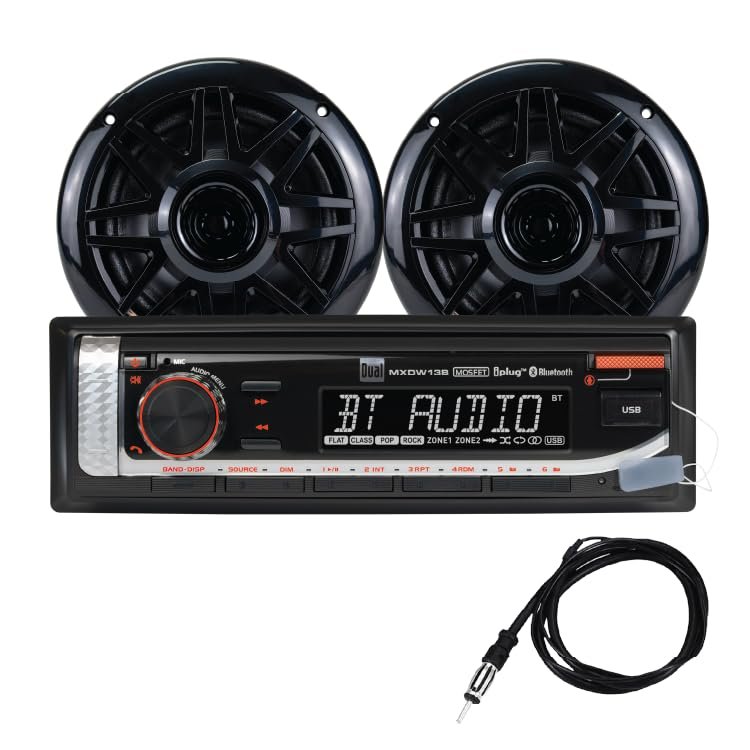 Dual Electronics MXP152B Marine Stereo with (2) 6.5" Marine Speakers & Antenna | AM/FM Boat Radio Digital Media Receiver with Built-in Bluetooth | USB Playback with 2.1A Fast Charging | Black