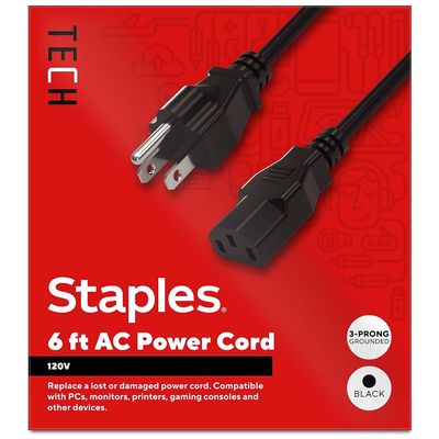 Staples TECH AC Power Cord, 6 ft, Black, Male to Male Replacement Power Cable for PCs/Monitors/Printers