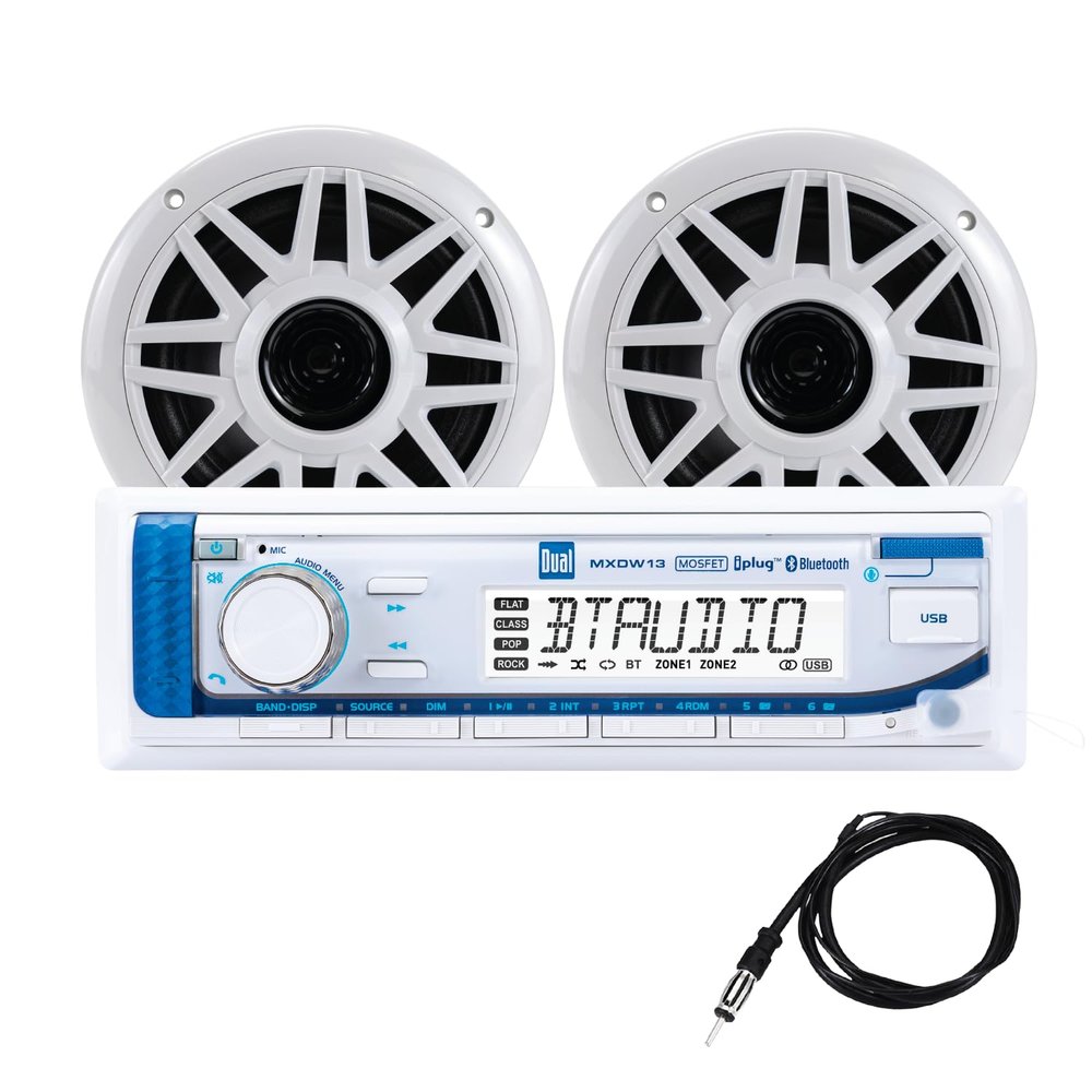 Dual Electronics MXP152W Marine Radio | AM/FM Digital Media Receiver with Built-in Bluetooth | (2) 6.5" Marine Stereo Boat Speakers | Antenna | USB Playback with 2.1A Fast Charging | White