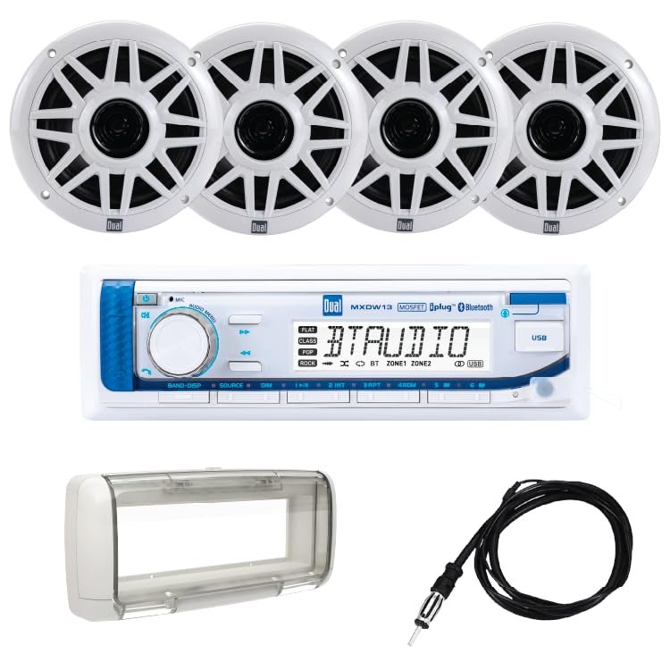 Dual Electronics MXP154SG Marine Stereo with (4) 6.5 Marine Speakers, Spashguard & Antenna | Boat Radio with Built-in Bluetooth | USB Playback with 2.1A Fast Charging | White