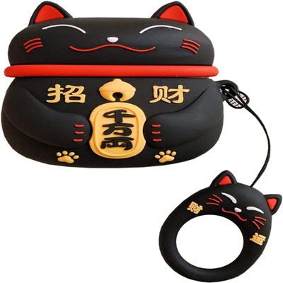 Yatchen for Airpods 4 Case,Cute 3D Cartoon Lucky Cat Airpods 4 4rd Generation Cover Kawaii Soft Silicone Protective Cover with Keychain Shockproof Charging Case for AirPods 4 for Girls Black